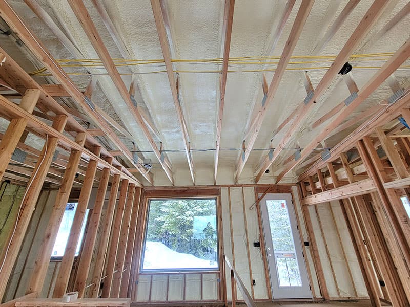 Spray foam in the wall cavities around a window and a glass door, with foam overhead between the ceiling framing
