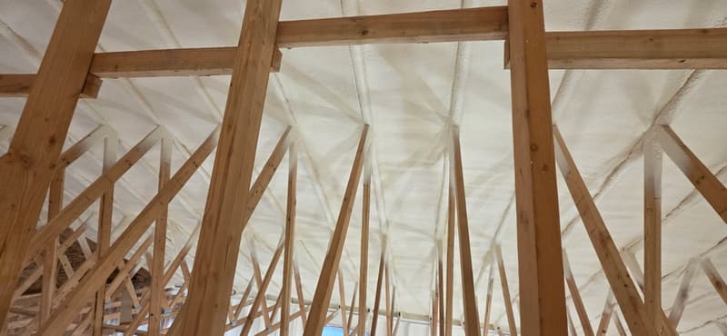 Looking up through wood roof trusses at spray foam covering the underside of the roof