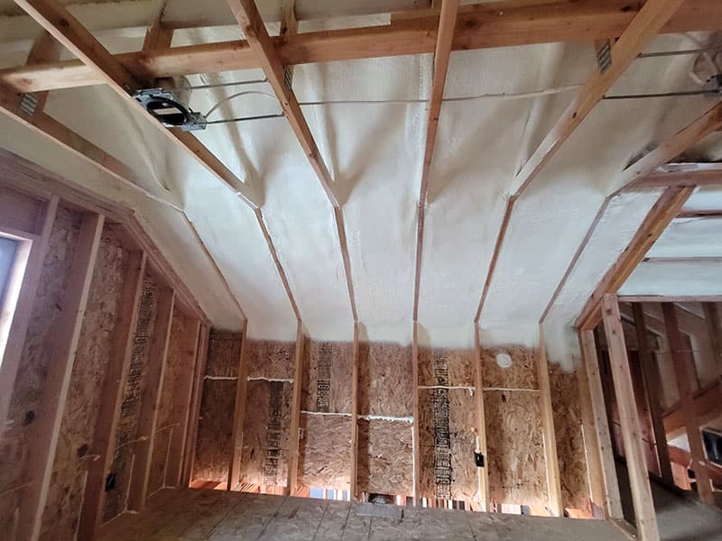 Vaulted ceiling sprayed with foam between every rafter above framed walls